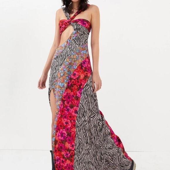 For Love & Lemons NWT Rita Patchwork Floral Zebra Cutout Maxi Dress Small Large - Picture 1 of 15